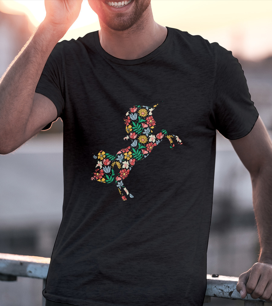 Unicorn Flower Silhouette With Vibrant Floral T-Shirt