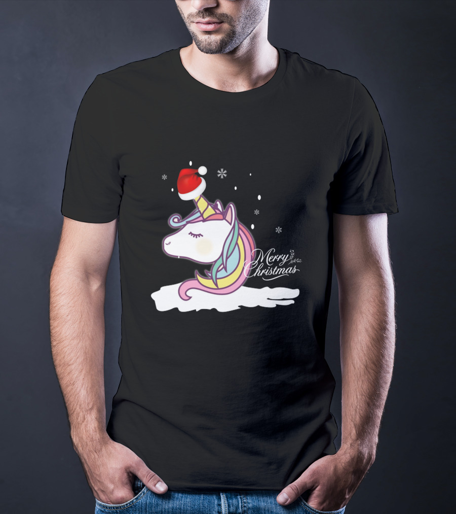 Unicorn Merry Christmas Snowflakes Santa Hat T-Shirt