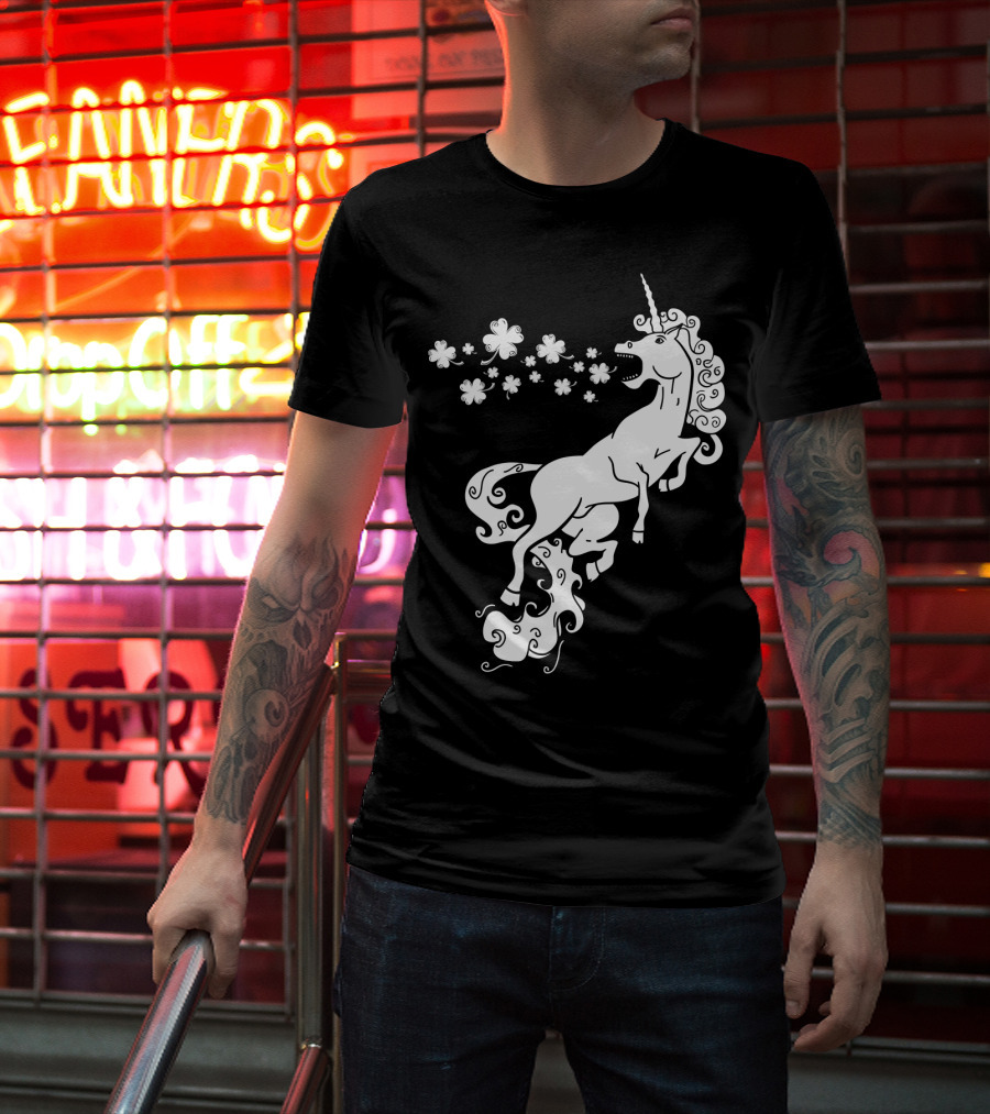 Unicorn Blowing Shamrock Flowers Mystical T-Shirt