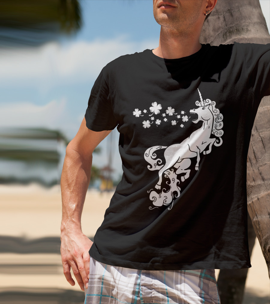 Unicorn Blowing Shamrock Flowers Mystical T-Shirt