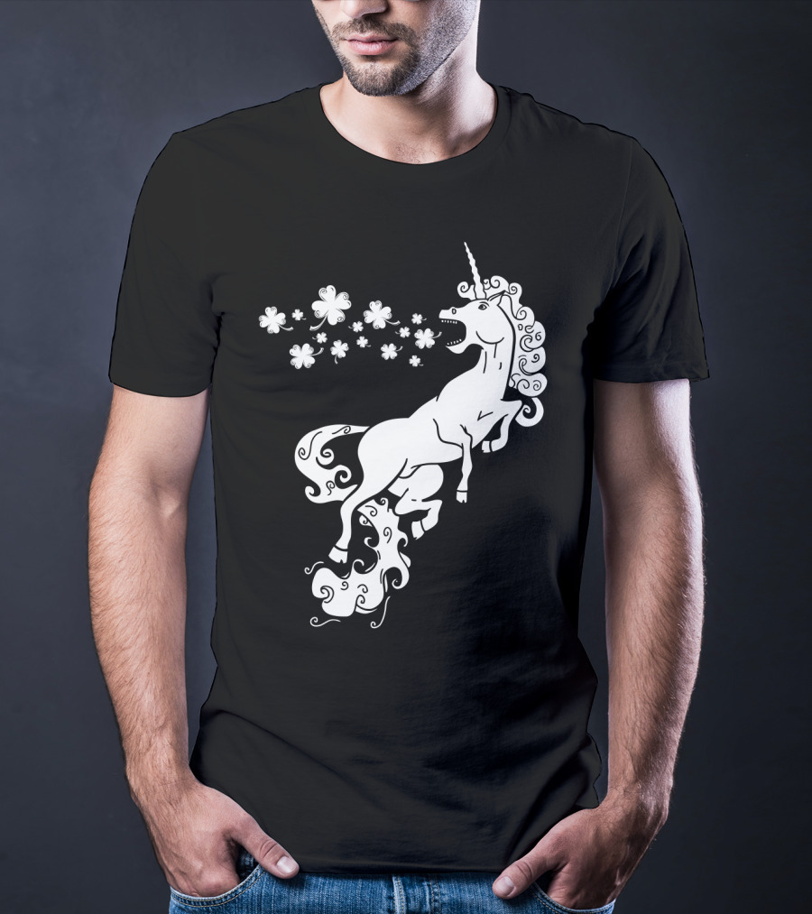 Unicorn Blowing Shamrock Flowers Mystical T-Shirt
