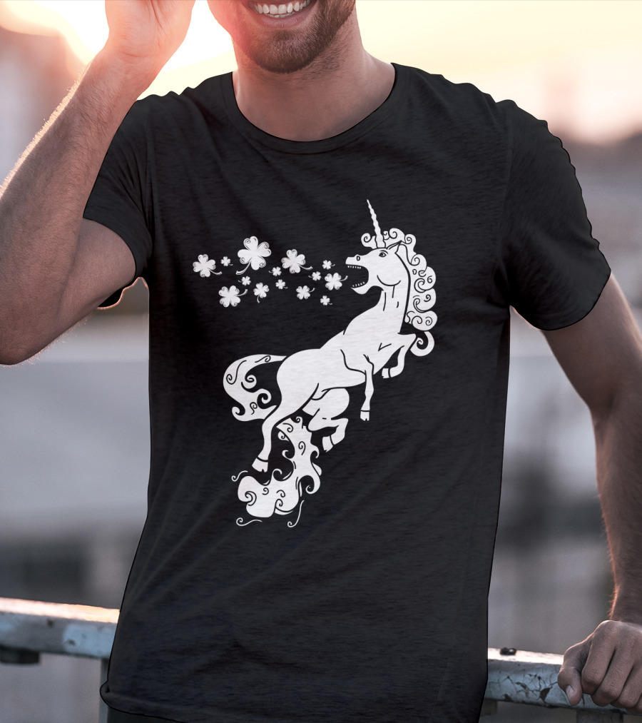Unicorn Blowing Shamrock Flowers Mystical T-Shirt