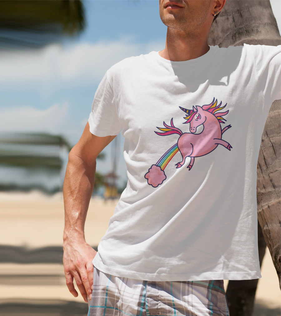 Magical Unicorn With Rainbow Tail And Puffy Clouds T-Shirt