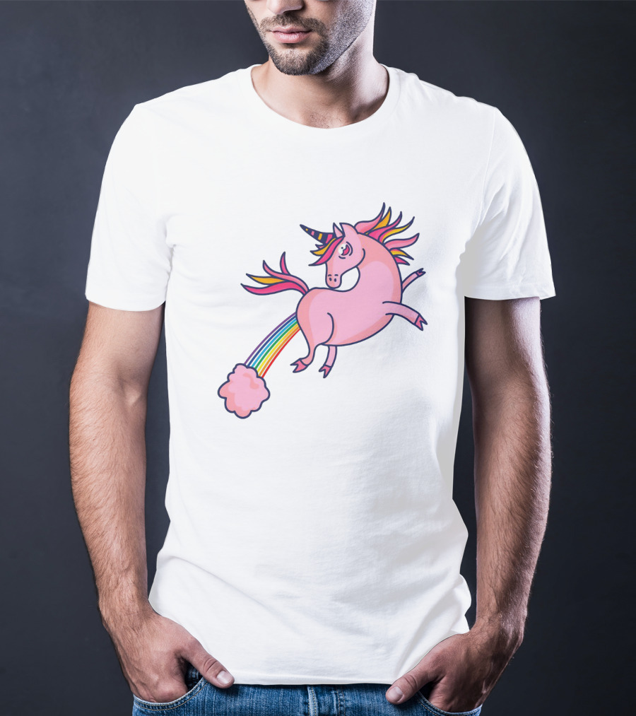 Magical Unicorn With Rainbow Tail And Puffy Clouds T-Shirt