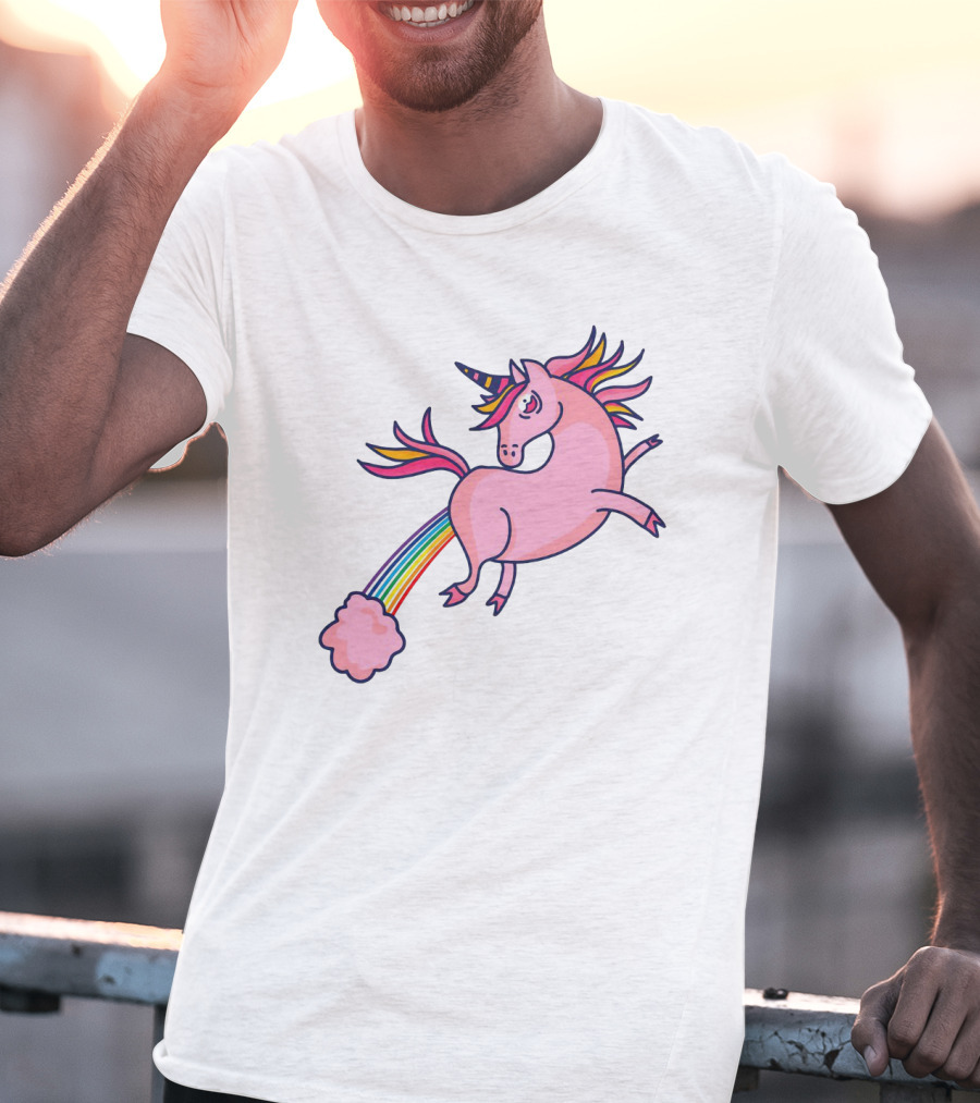 Magical Unicorn With Rainbow Tail And Puffy Clouds T-Shirt