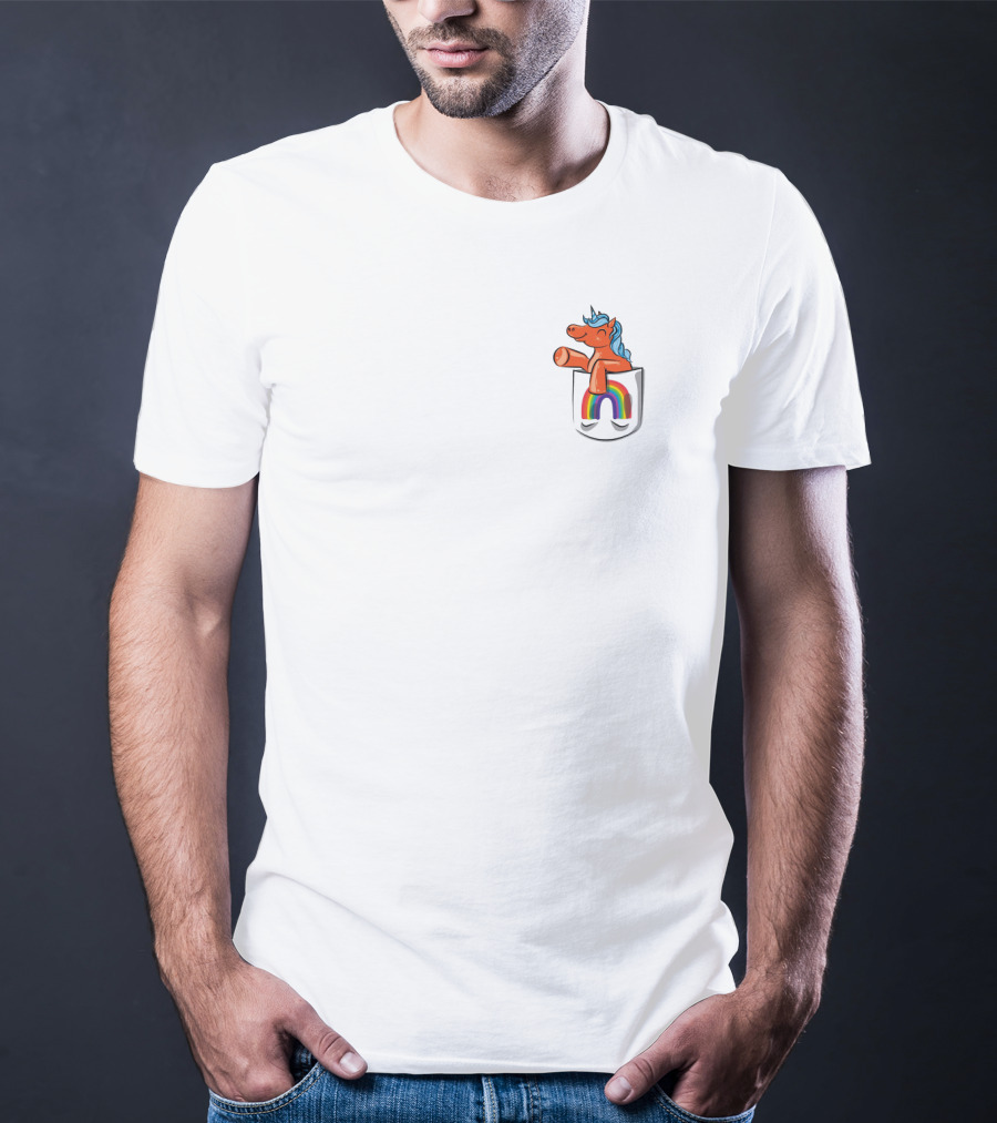 Orange Unicorn With Rainbow Pocket Swirl T-Shirt