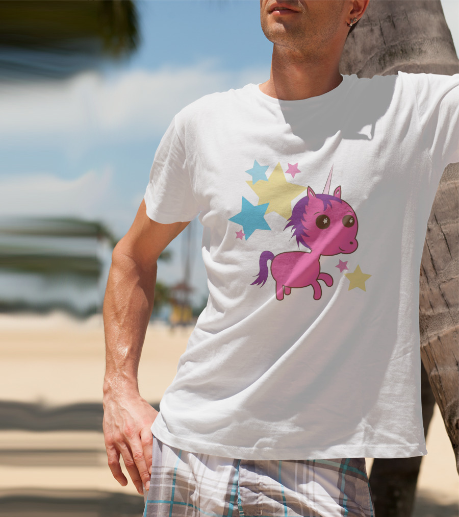 Pink Trippin Sparkles Unicorn With Colorful Stars T-Shirt