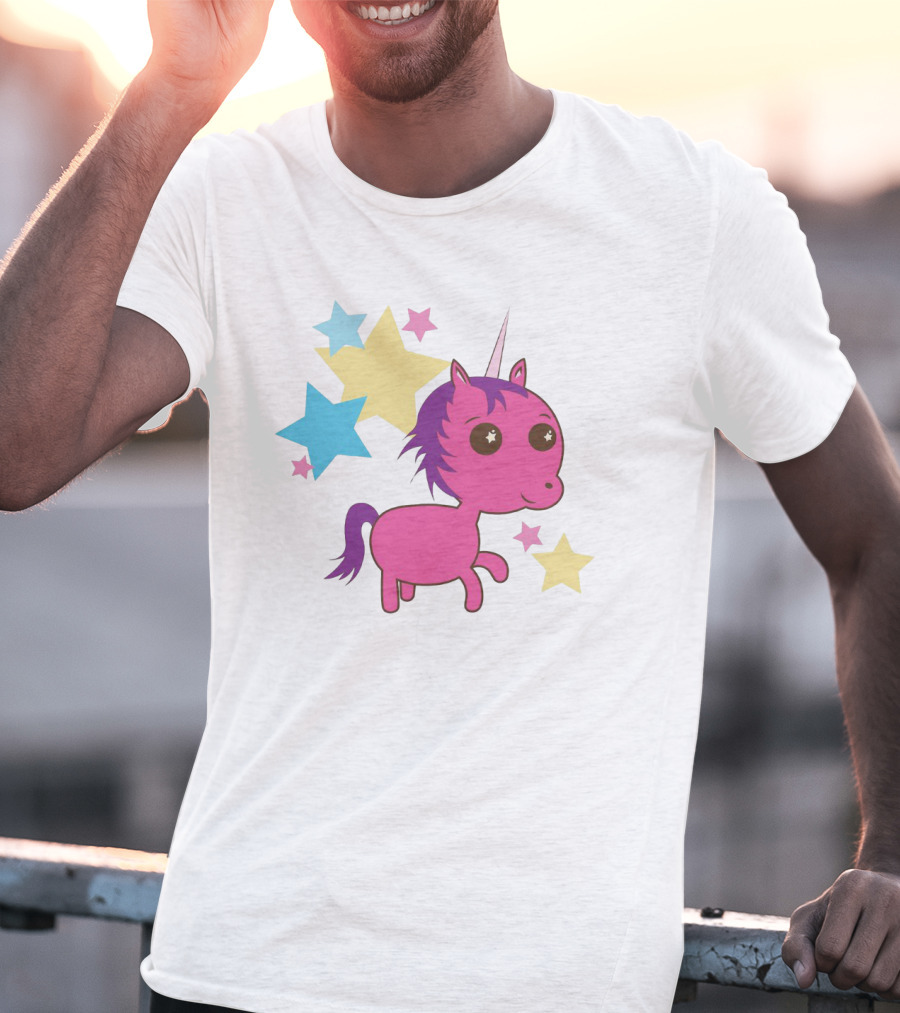 Pink Trippin Sparkles Unicorn With Colorful Stars T-Shirt