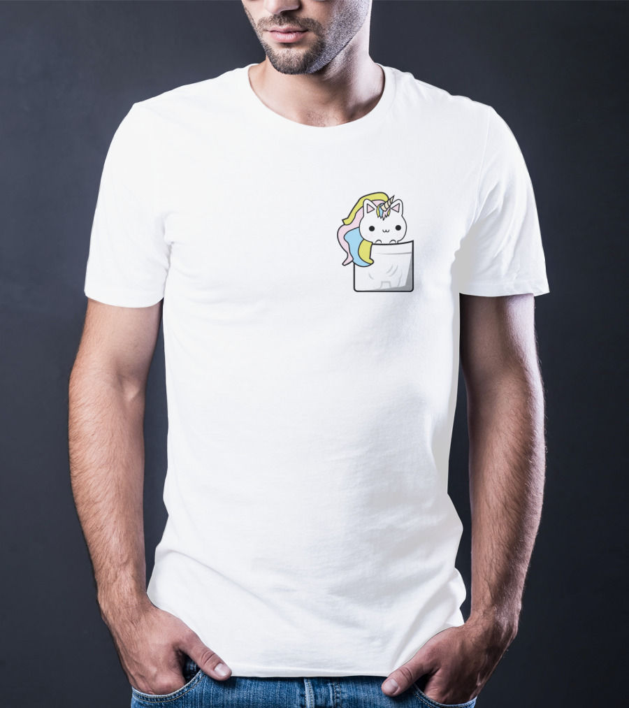 Pocket Unicorn Cat Kawaii Rainbow Mane Playful Cartoon T-Shirt