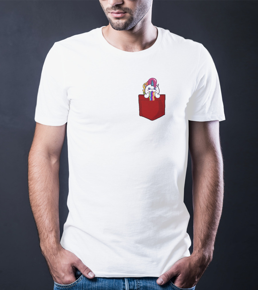 Crying Rainbow Unicorn In Red Pocket T-Shirt