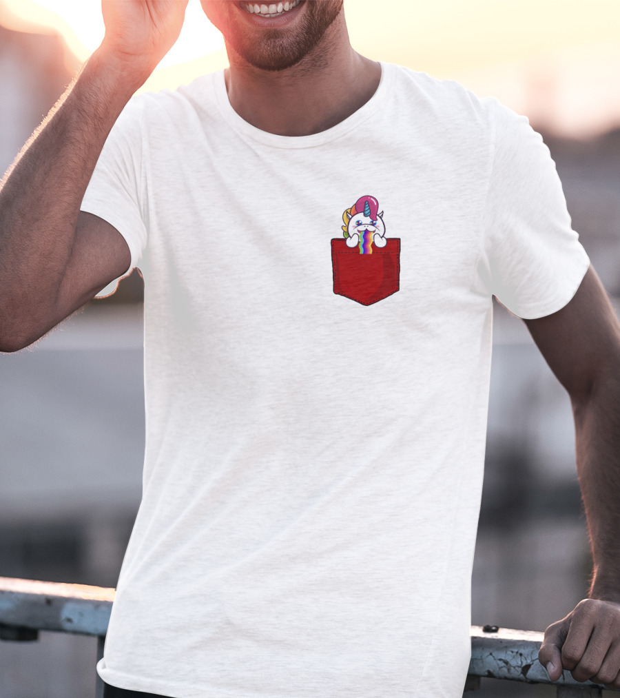 Crying Rainbow Unicorn In Red Pocket T-Shirt