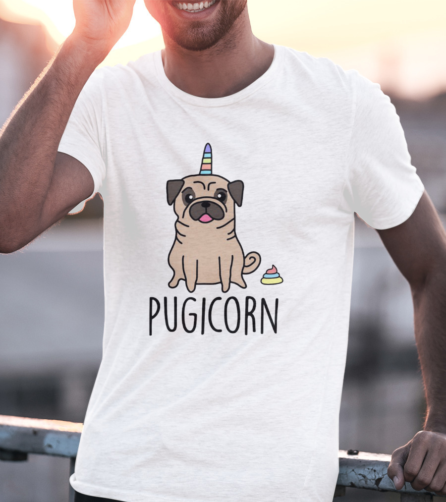 Pugicorn Rainbow Unicorn Horn Pug With Colorful Poop T-Shirt