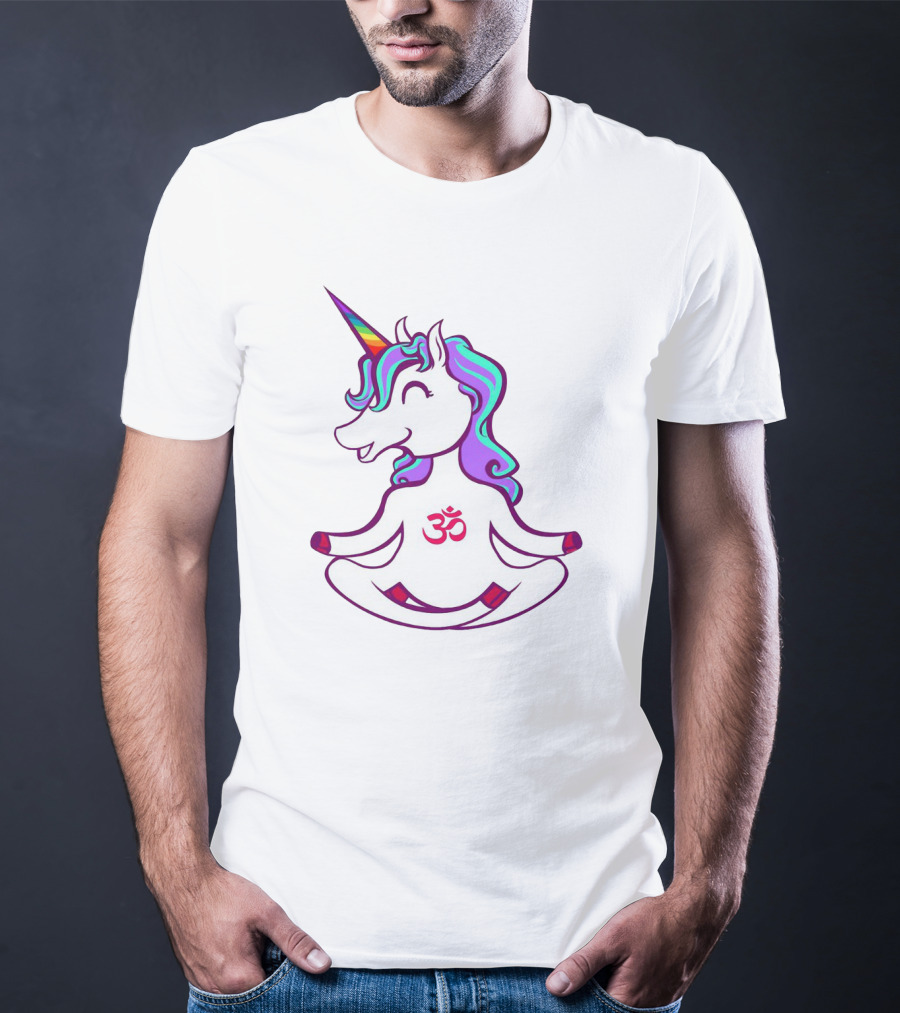 Colorful Yoga Unicorn With Om Symbol In Peaceful Pose T-Shirt