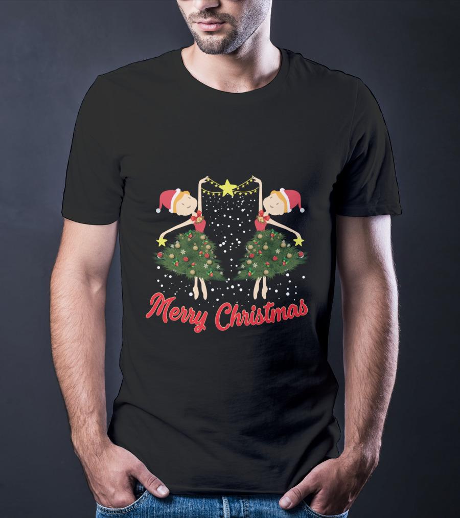 Merry Christmas Ballet Dancers With Festive Santa Hats And Holiday Tree Dresses T-Shirt