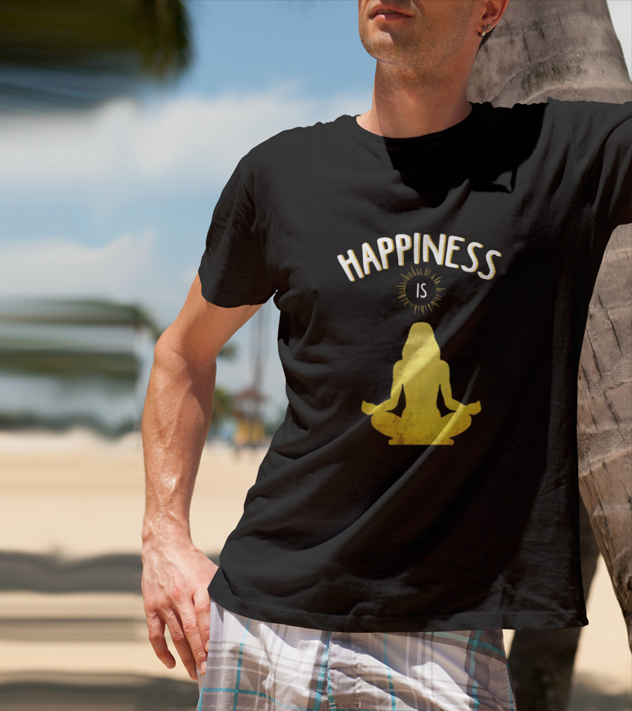 Happiness Is Yoga Meditation Silhouette In Yellow With Sunburst T-Shirt