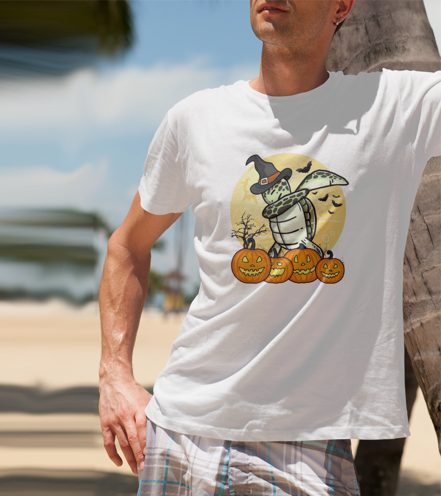 Turtle Dabbing With Witch Hat And Pumpkins Halloween Dab Dance T-Shirt