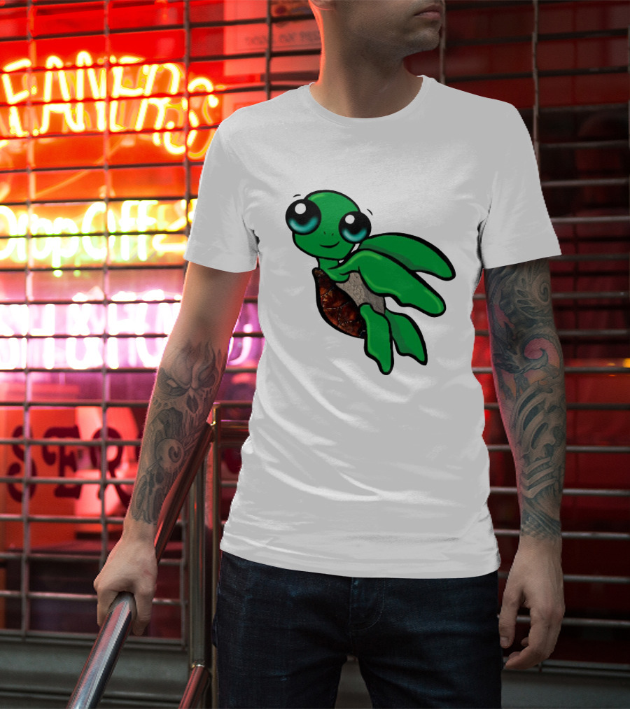 Funky Turtle Cute Green Cartoon Character With Big Eyes T-Shirt