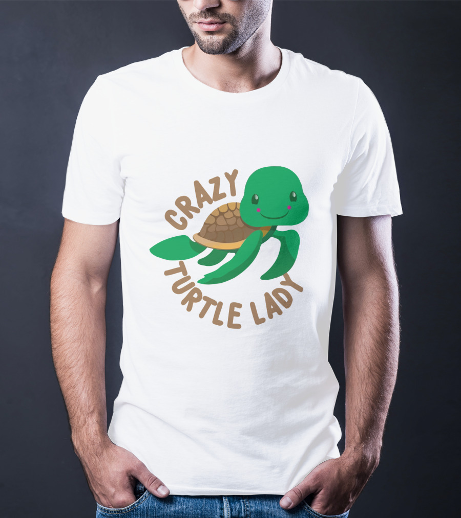 Crazy Turtle Lady Cute Green Cartoon Style Turtle With Happy Face T-Shirt