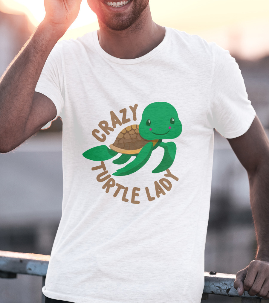 Crazy Turtle Lady Cute Green Cartoon Style Turtle With Happy Face T-Shirt