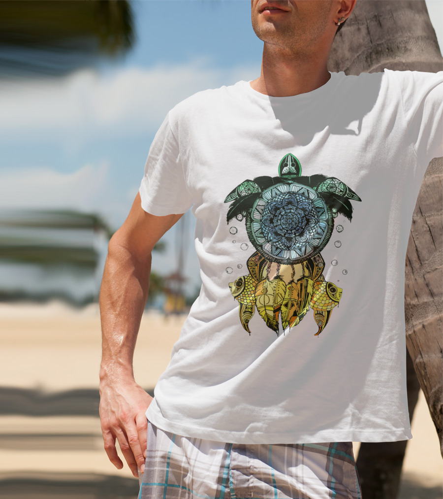 Dreamcatcher Flower Of Life Turtle With Intricate Mandala Feather And Geometric T-Shirt