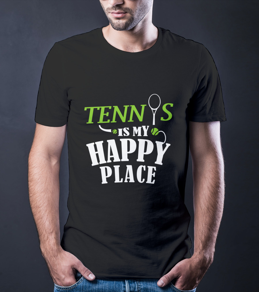 Tennis Is My Happy Place With Racket And Ball Motif T-Shirt