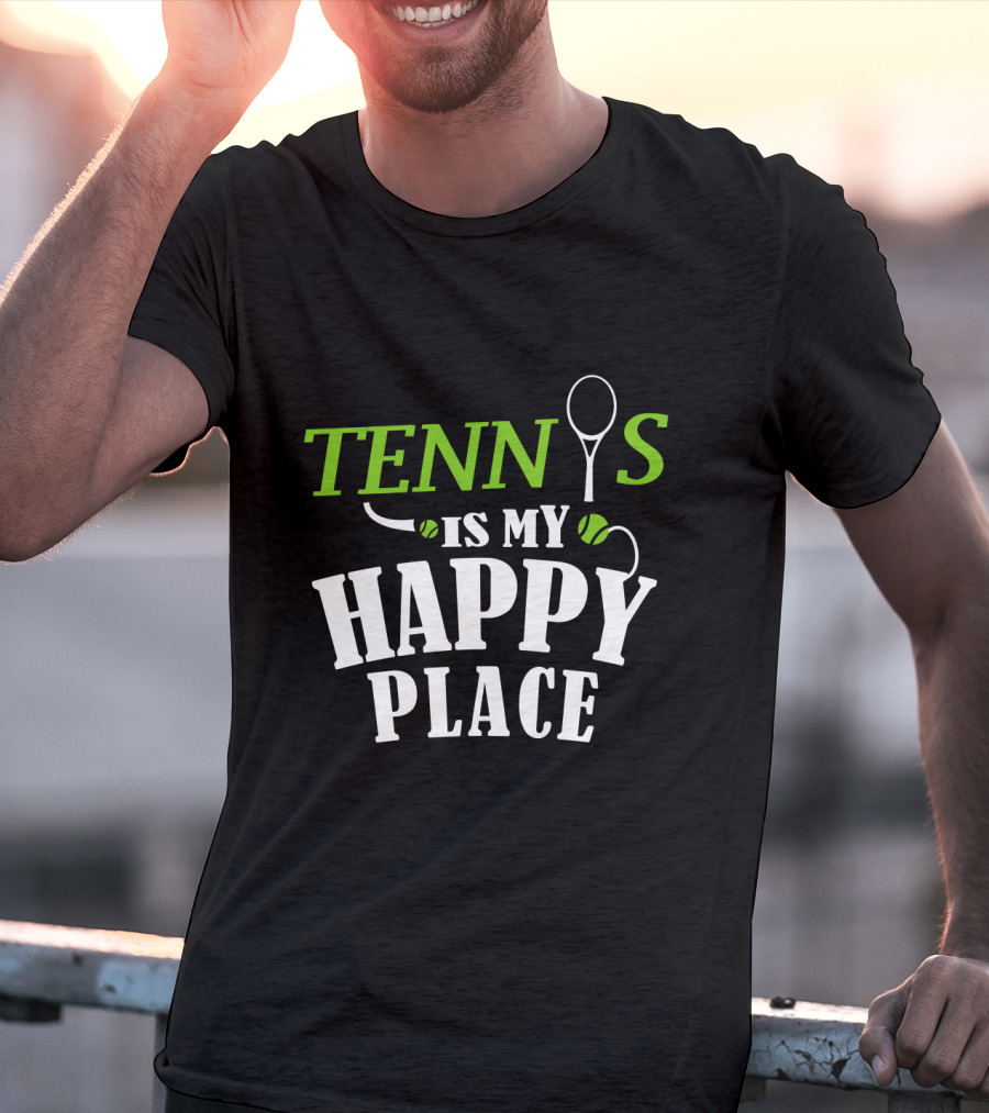 Tennis Is My Happy Place With Racket And Ball Motif T-Shirt