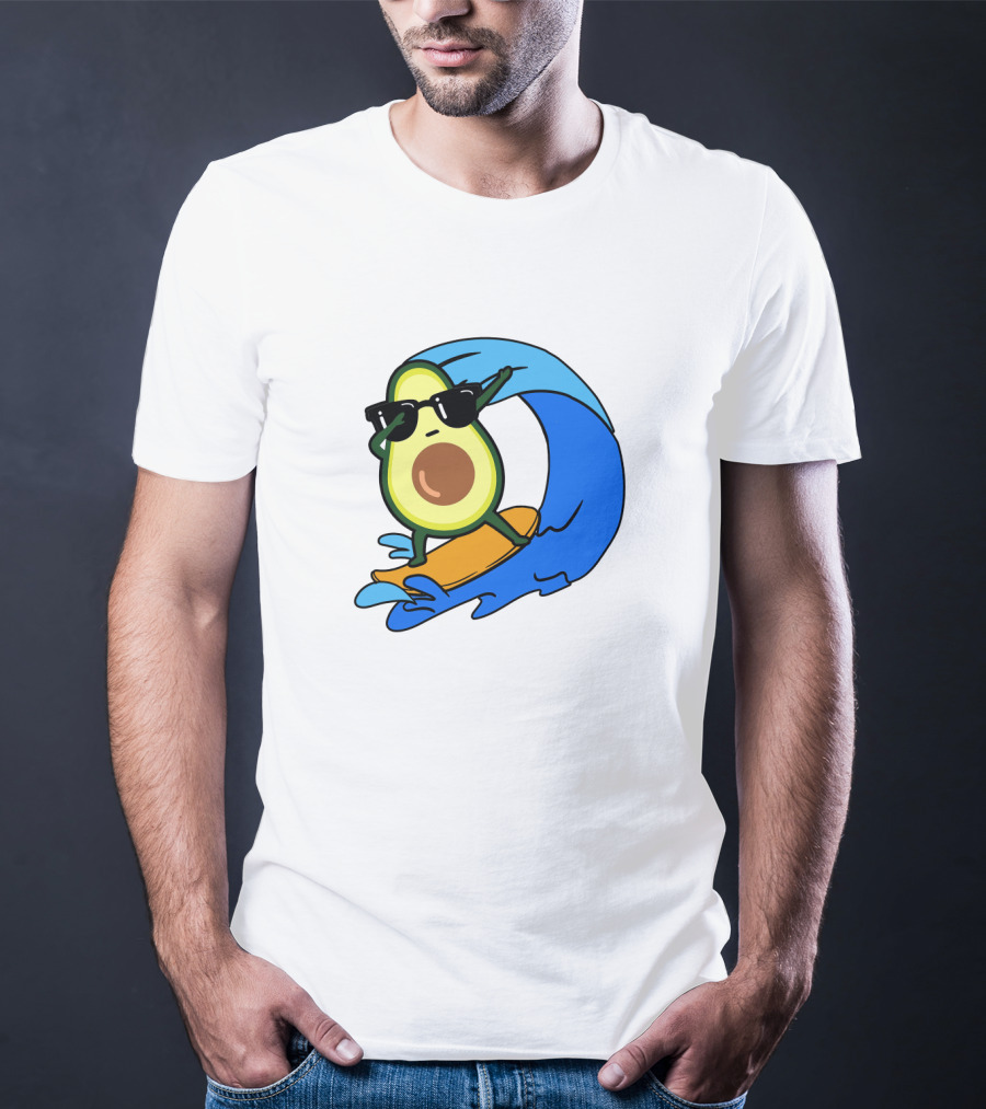 Avocado Wearing Sunglasses Riding Blue Ocean Wave T-Shirt