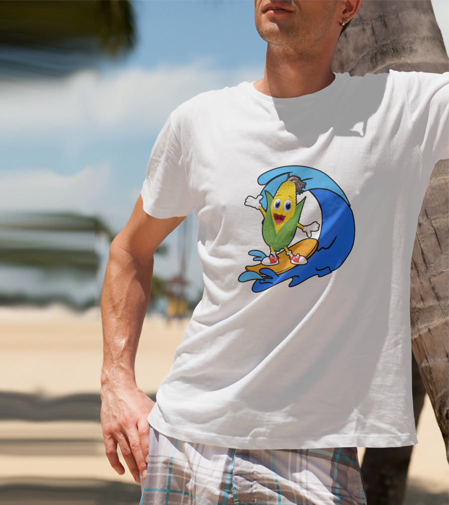 Corn On Surfboard Riding Blue Ocean Wave T-Shirt