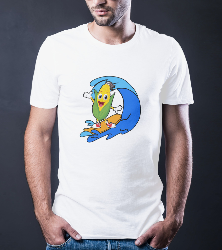 Corn On Surfboard Riding Blue Ocean Wave T-Shirt