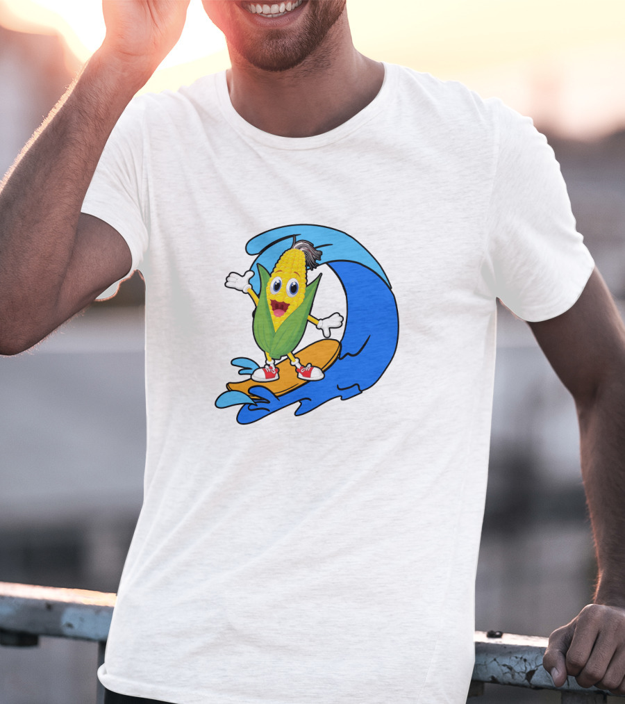 Corn On Surfboard Riding Blue Ocean Wave T-Shirt