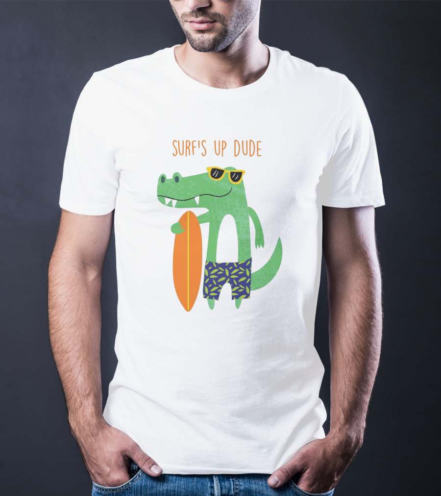Surf's Up Dude Cool Crocodile In Sunglasses With Surfboard And Tropical Shorts T-Shirt