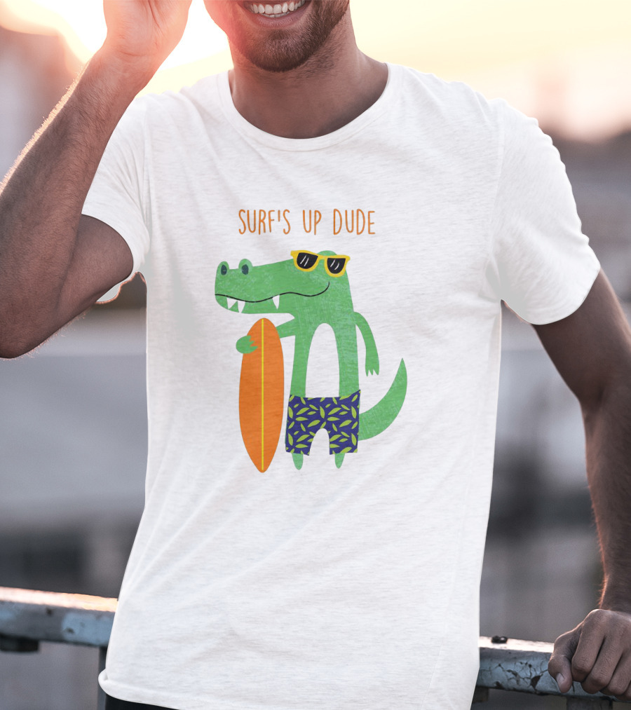 Surf's Up Dude Cool Crocodile In Sunglasses With Surfboard And Tropical Shorts T-Shirt