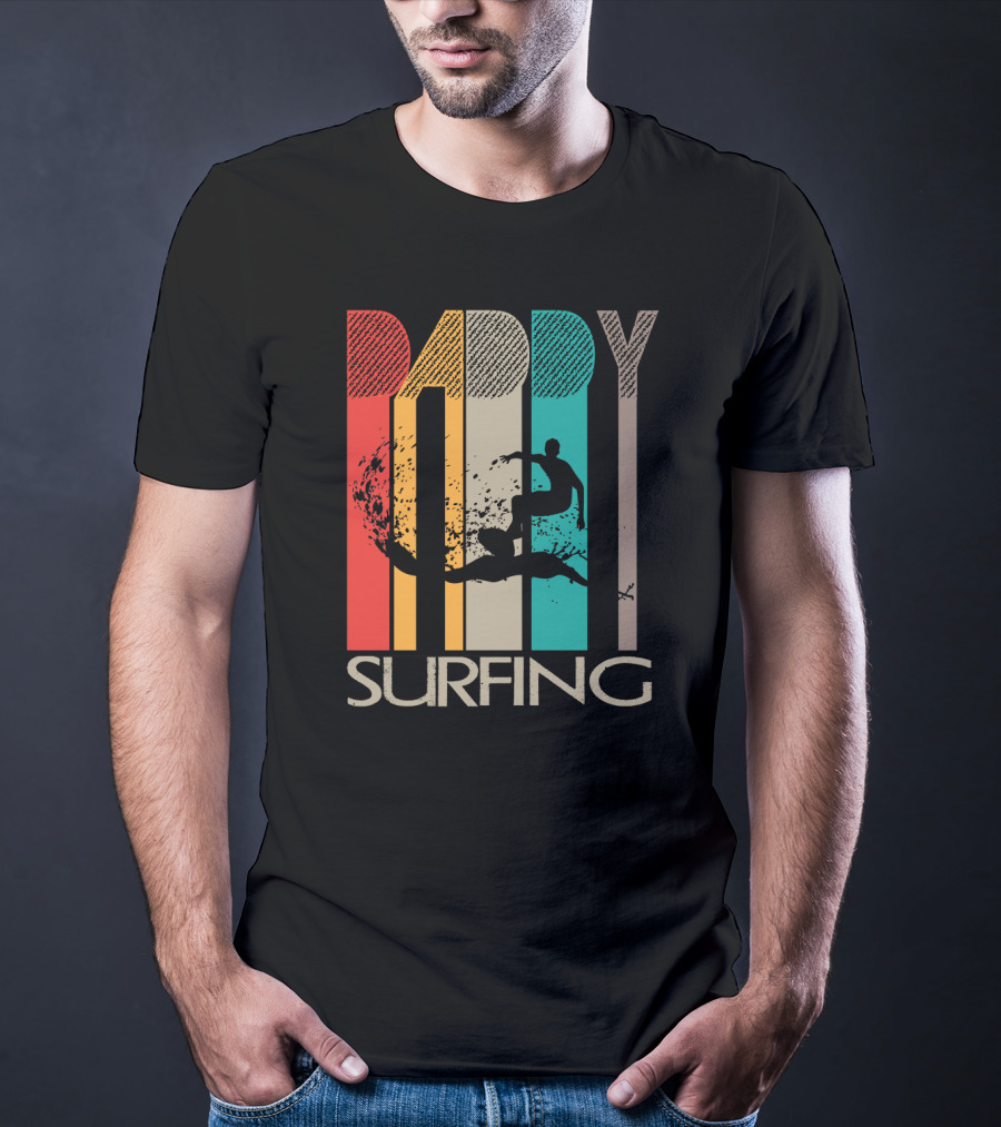 Vintage Daddy Surfing Silhouette With Retro Color Stripes T-Shirt