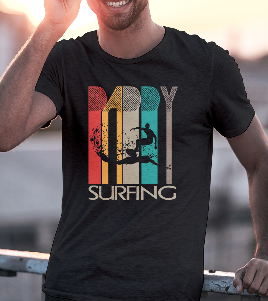 Vintage Daddy Surfing Silhouette With Retro Color Stripes T-Shirt