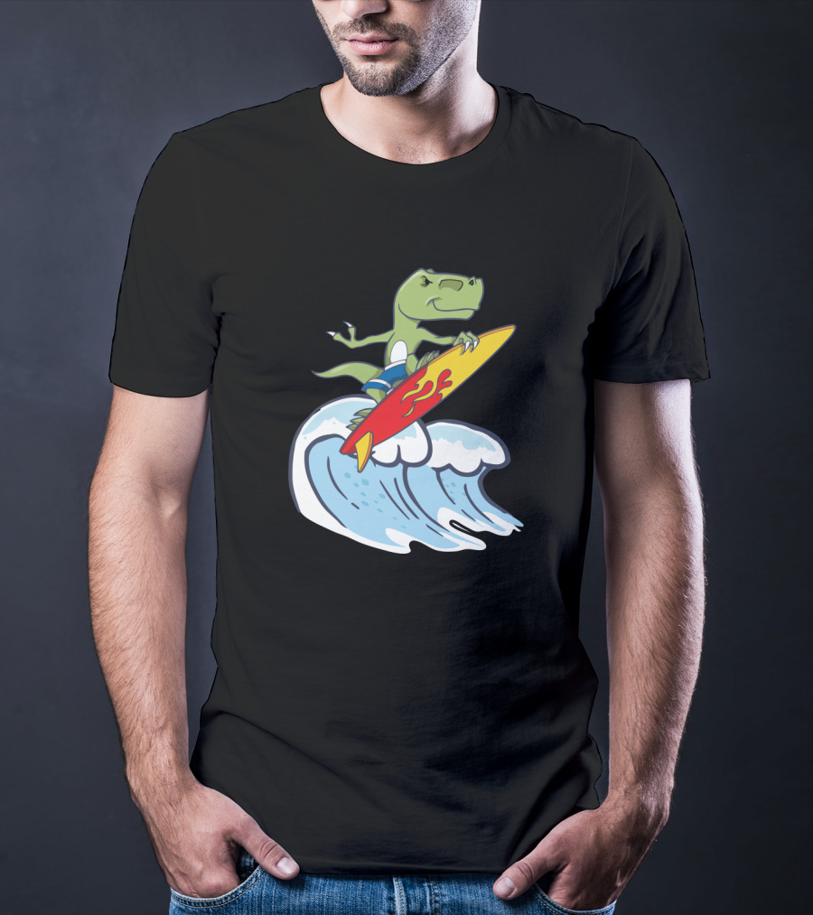 Dinosaur Riding Waves On Fiery Surfboard Ocean Adventure T-Shirt