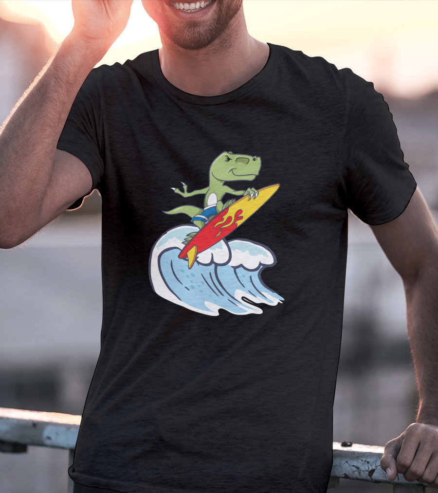 Dinosaur Riding Waves On Fiery Surfboard Ocean Adventure T-Shirt