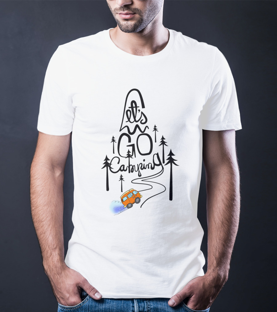 Let's Go Camping With Forest Trees And Orange Campervan Adventure T-Shirt