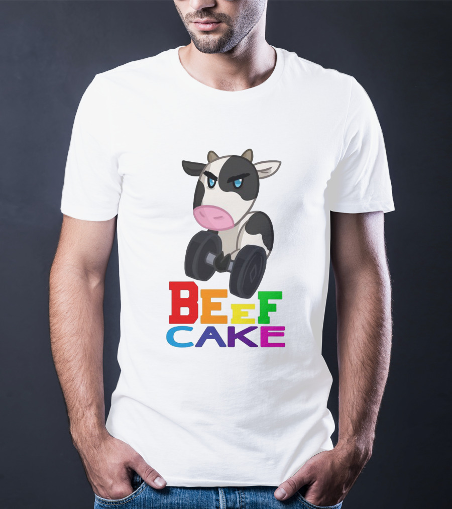 Beefcake Cow Lifting Dumbbells Cartoon T-Shirt