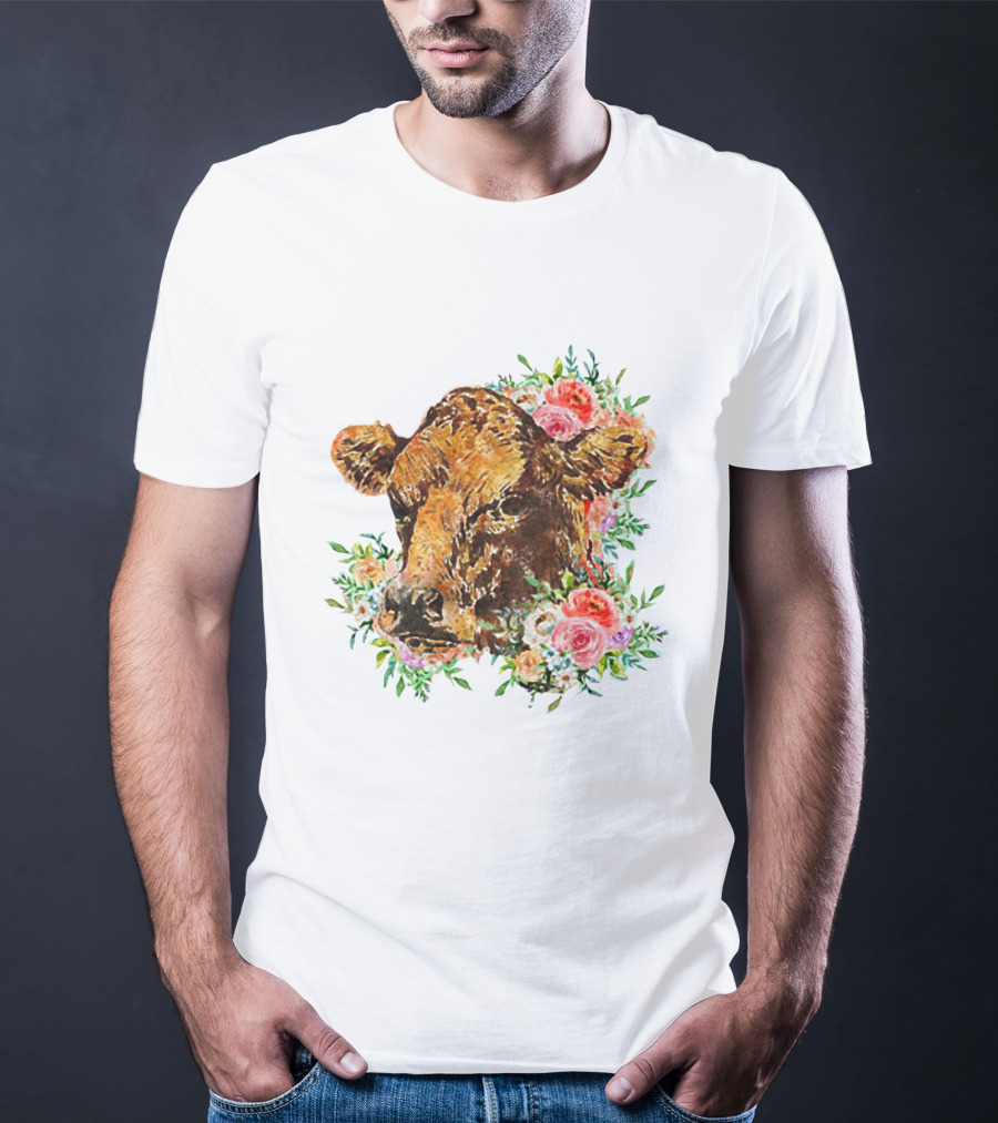 Cow With Floral Accents And Cute Cow Flower Style Motif T-Shirt
