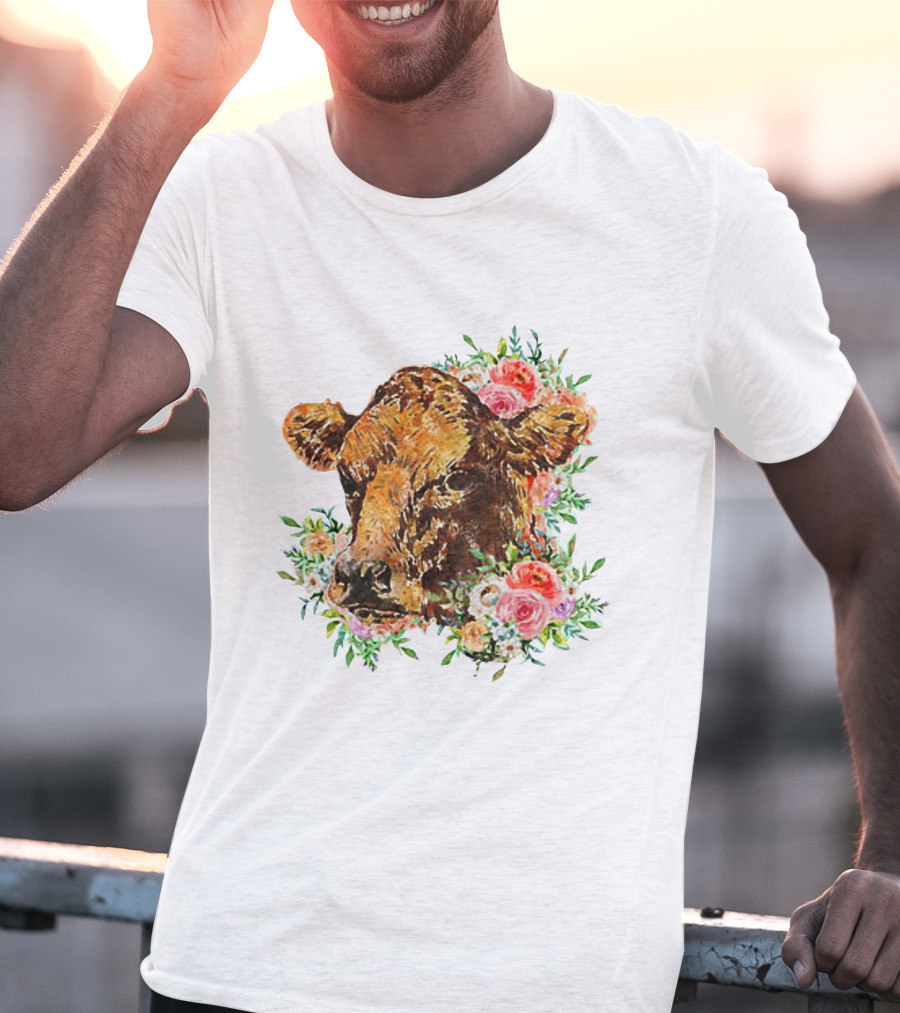 Cow With Floral Accents And Cute Cow Flower Style Motif T-Shirt