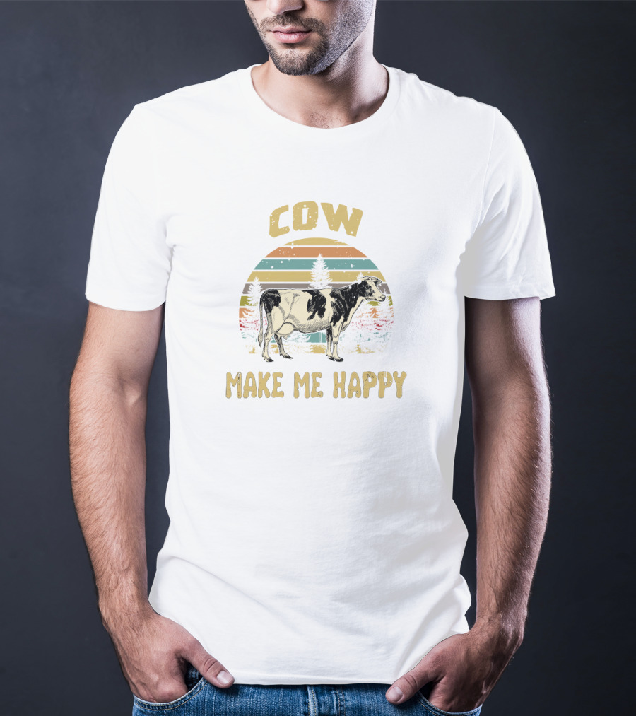 Cow Make Me Happy Retro Vintage Sunset Cow T-Shirt