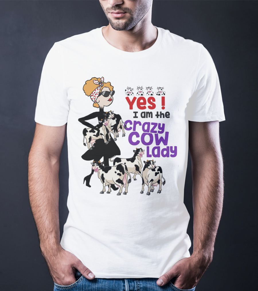Yes I Am The Crazy Cow Lady With Cartoon Cows And Stylish Woman In Red Bandana And Sunglasses T-Shirt