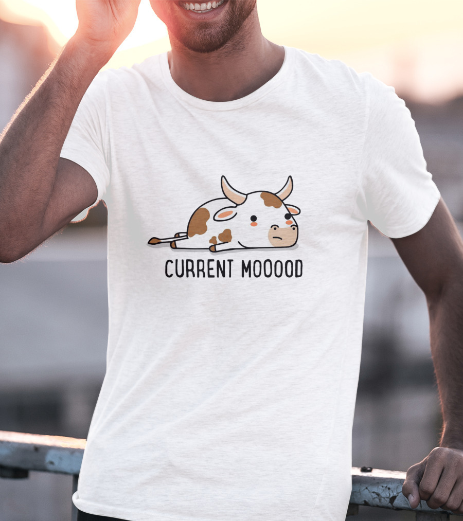 Current Mooood Lazy Cow Cartoon Lying Down T-Shirt