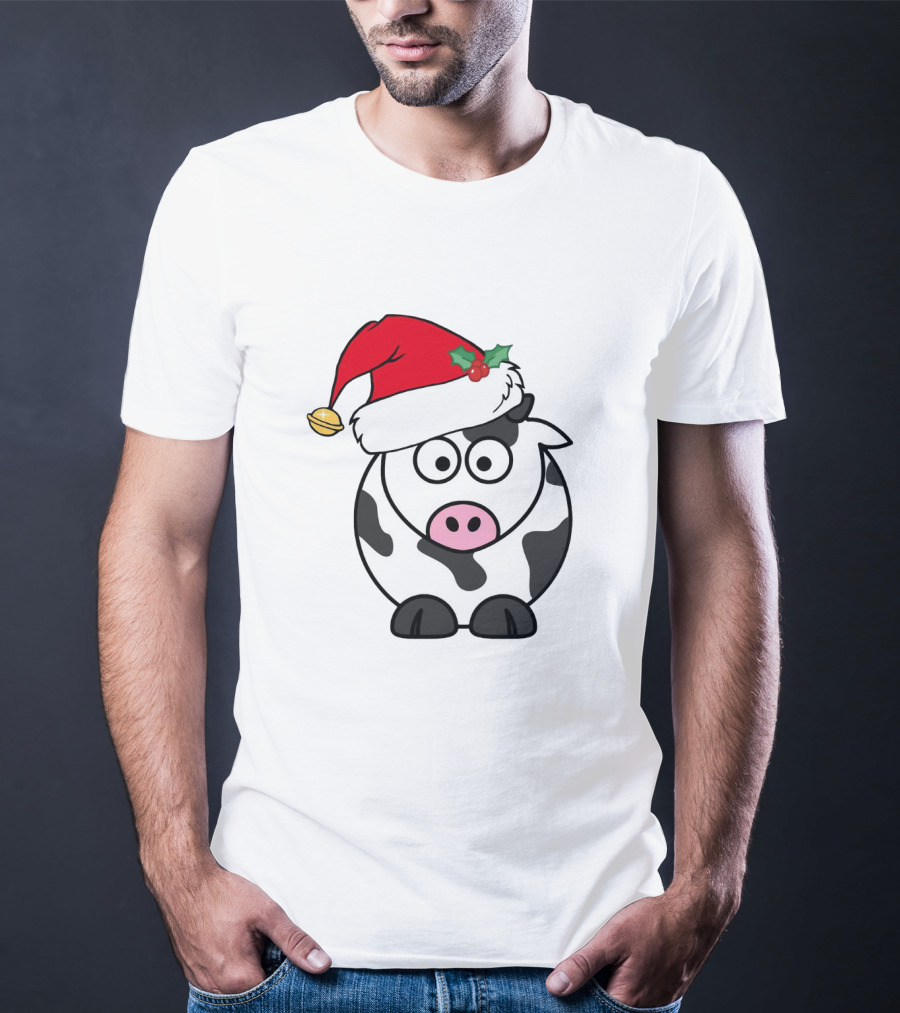 Cartoon Cow With Santa Hat And Holly Christmas Charm T-Shirt