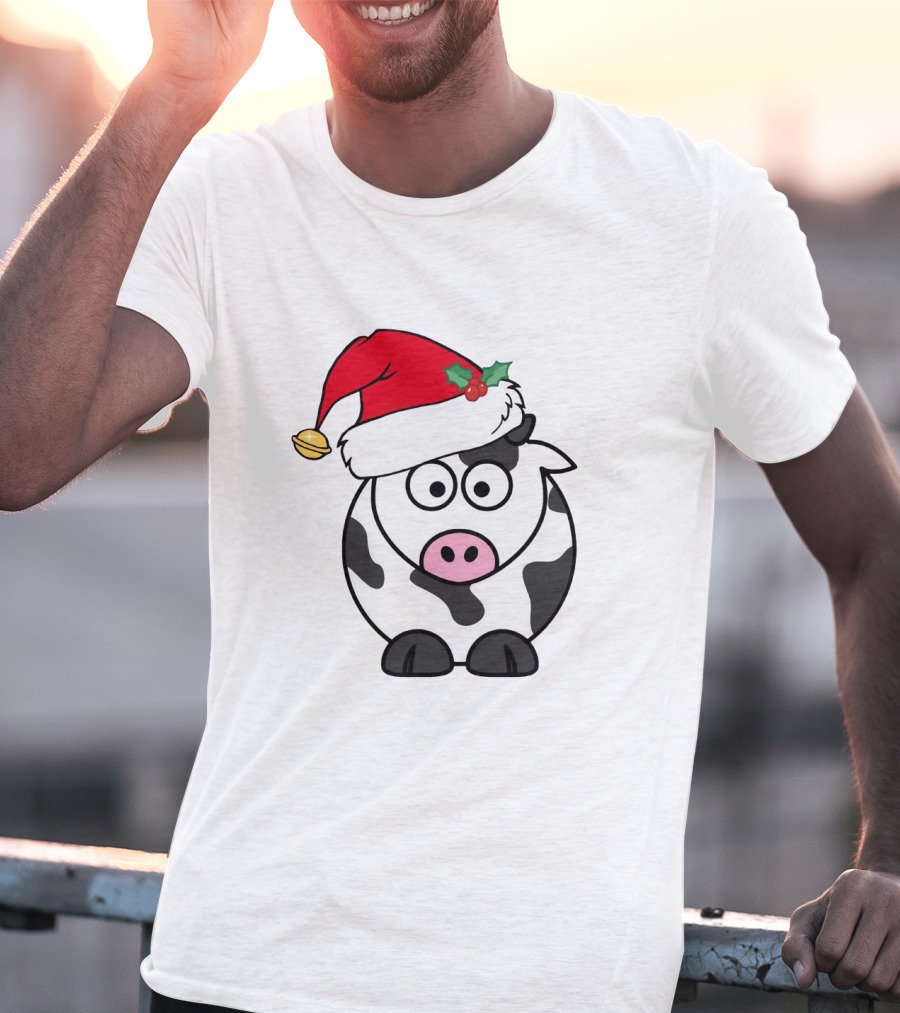 Cartoon Cow With Santa Hat And Holly Christmas Charm T-Shirt