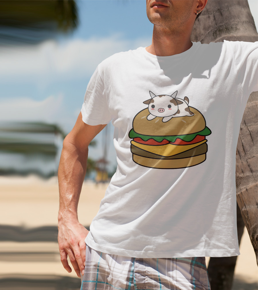 Funny Burger Cow Kawaii Cartoon Cheeseburger With Cute Animal Topping T-Shirt
