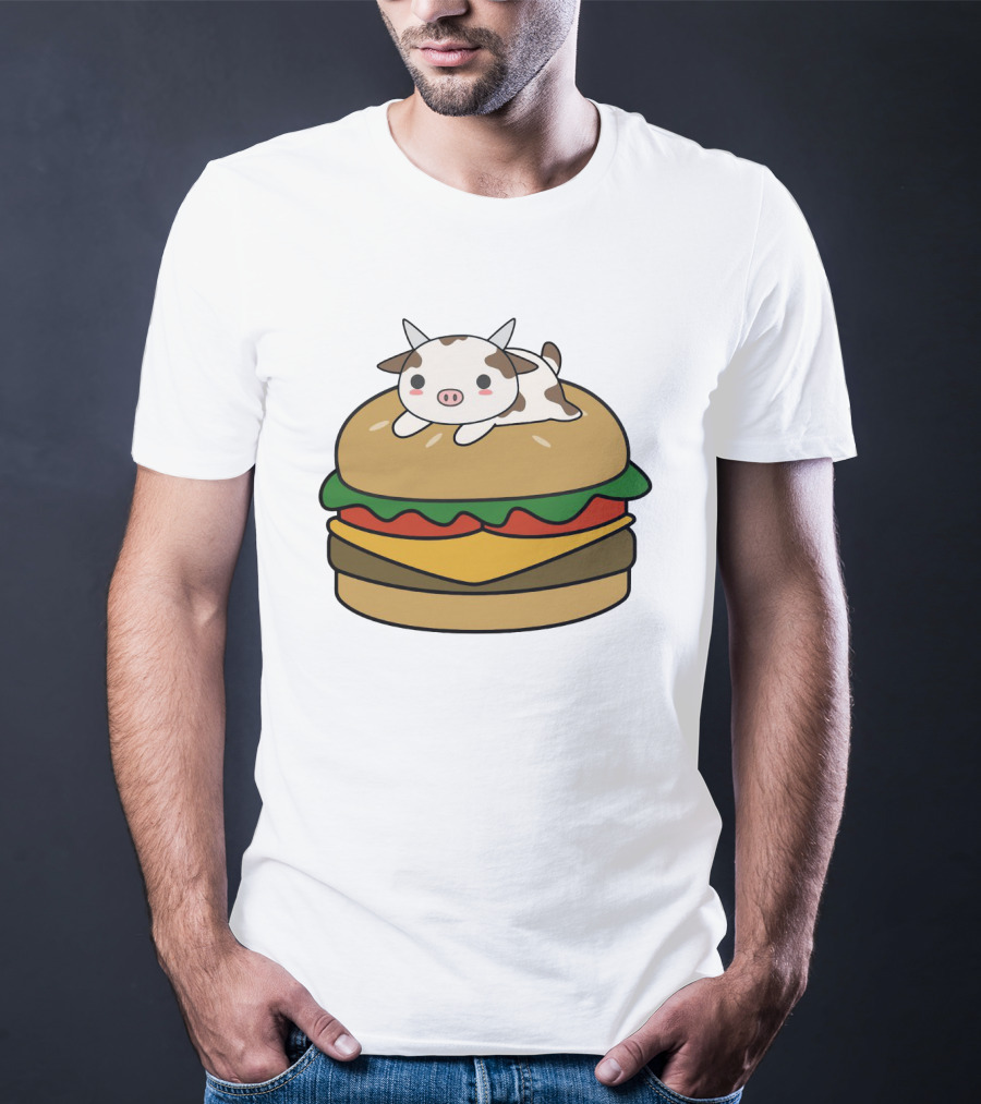 Funny Burger Cow Kawaii Cartoon Cheeseburger With Cute Animal Topping T-Shirt