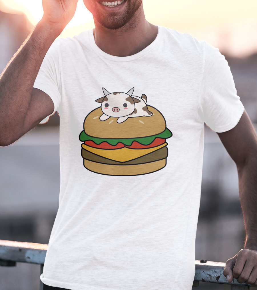 Funny Burger Cow Kawaii Cartoon Cheeseburger With Cute Animal Topping T-Shirt
