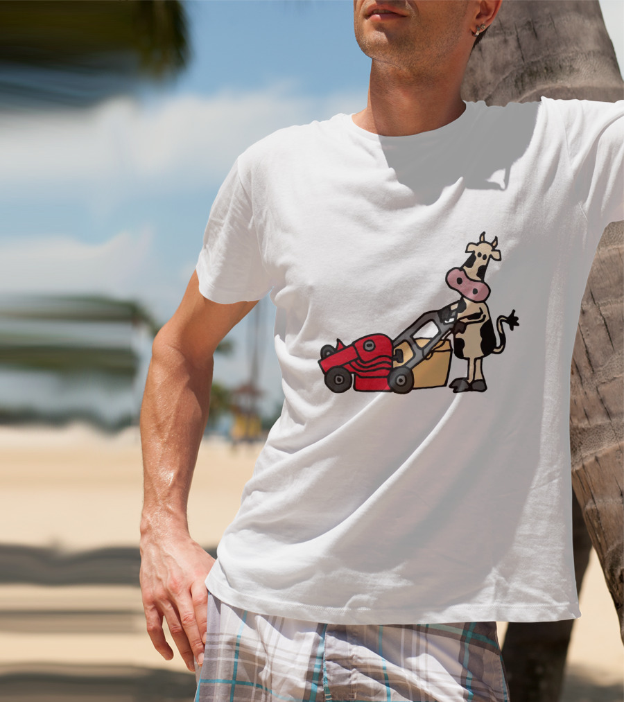 Funny Cow Mowing Grass Cartoon With Red Lawn Mower T-Shirt