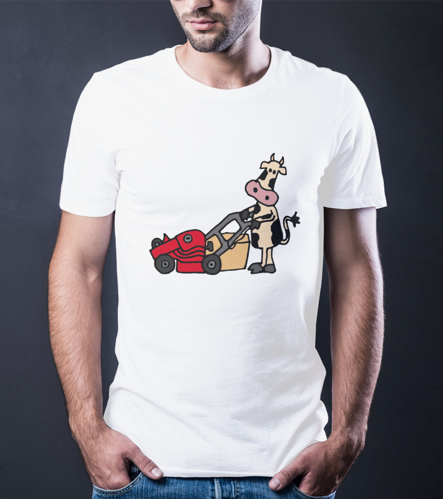 Funny Cow Mowing Grass Cartoon With Red Lawn Mower T-Shirt
